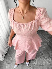 Elenzga Plus Size Women's Elegant French Romantic Floral Jacquard Square Collar Puff Sleeve Peplum Top & Wide Leg Pants 2-Piece Set, Spring/Summer - Pink - View 3