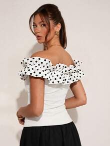 COSMINA Women's Elegant Cute White With Black Polka Dots Contrast Color Off-Shoulder Petal Sleeve Top, Versatile For Commute Vacation, Office, Dates, Parties - White - View 2