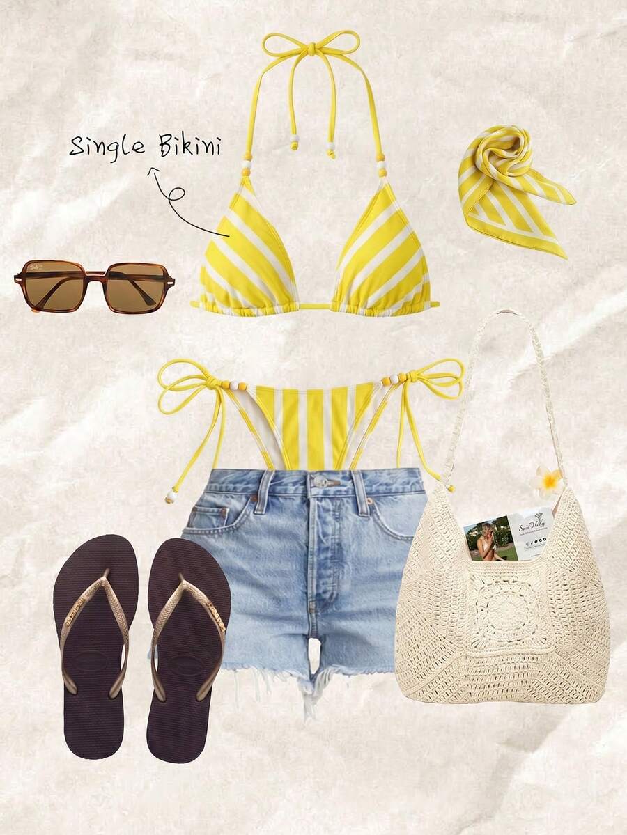Swim Mod Bộ bikini buộc dây cổ yếm thời trang mới nhất dành cho nữ, thiết kế sọc vàng trắng đính hạt, kiểu dáng thanh lịch và gợi cảm. - Màu vàng - Xem 1