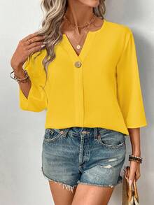 Balvessa Blusa de mujer de unicolor simple con cuello entallado para ir al trabajo - Amarillo - Ver 5