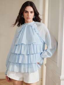 Anewsta Blusa elegante de mujer de estilo francés con múltiples capas de volantes, de manga larga y transparente, ideal para vacaciones, fiestas, uso diario y vacaciones - Azul - Ver 3