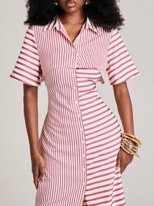 NYA SZN Gaun Maxi Panjang Lengan Pendek Motif Garis-garis Unik Berkerah Kancing Depan Merah Cocok untuk Pakaian Kerja Kantor Kembali ke Sekolah Gereja untuk Wanita - MultiWarna - View 3