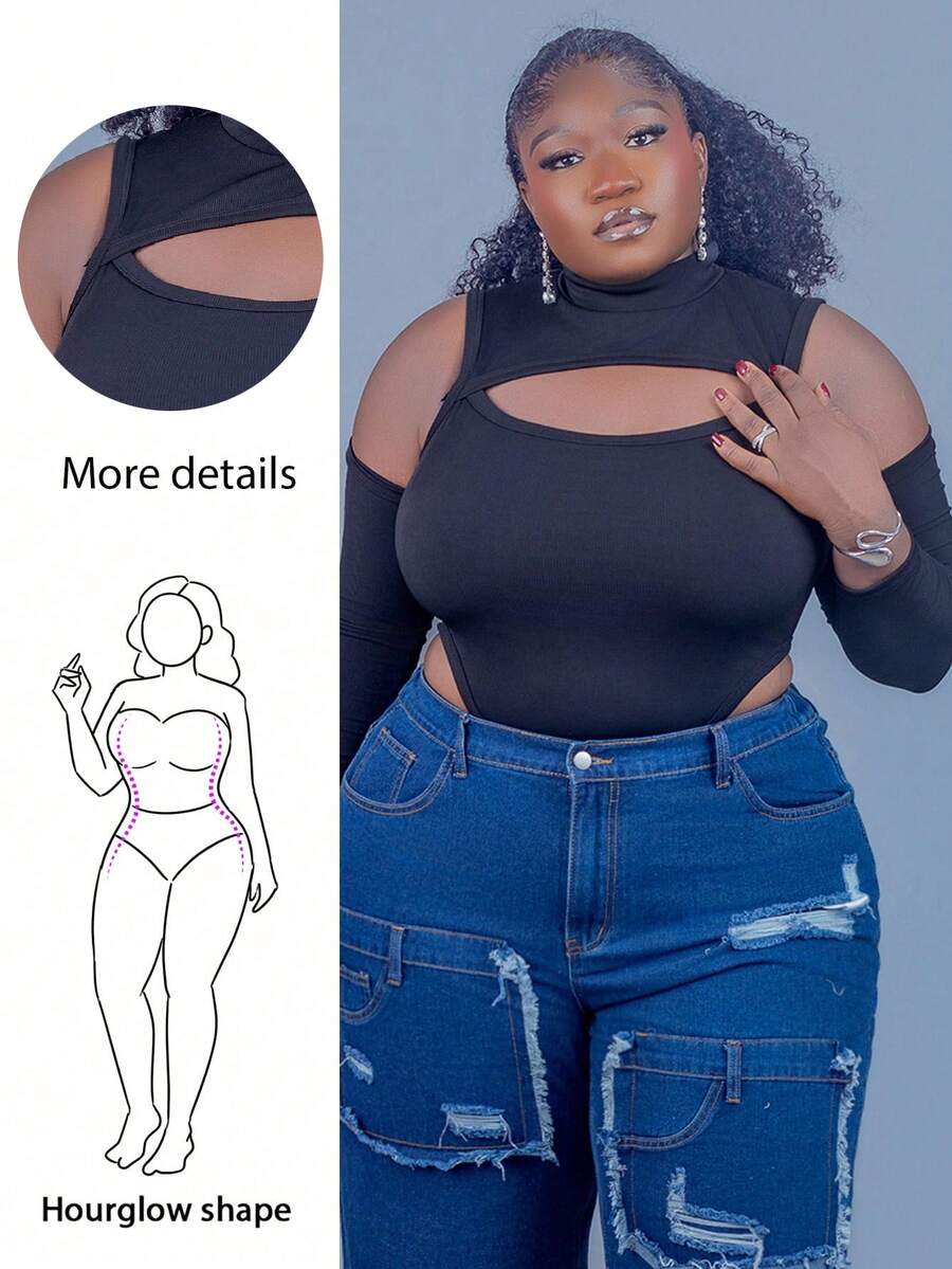 CurvyTilda 大尺碼修身露肩連體衣 - 黑色 - 查看 1