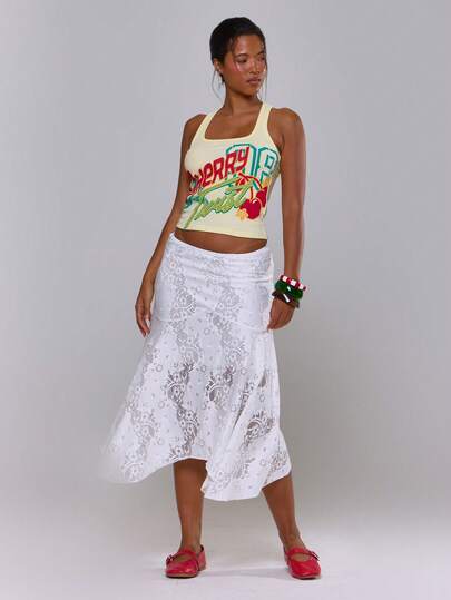 MUSERA Low Rise Lace Asymetric Hem Midi Skirt Spring Summer Vacation Holiday Ibiza Boho Elegant Casual Festival