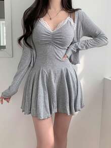 DAZY Solid Ruched Cami Dress & Open Front Jacket, Ruffle, Women Two Pieces Sets,Fall Women Clothes Lounge Sets For Women - Grey - View 3