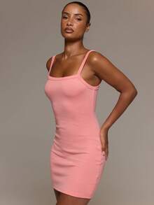 MUSERA ESSENTIALS Ribbed Straight Neckline Fitted Mini Dress   Cute Everyday Basics Sexy Daily Spring Summer Essential - Coral Orange - View 3