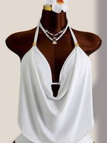Swim Lushoire Summer Beach Draped Tankini Black Swimwear - White - View 7