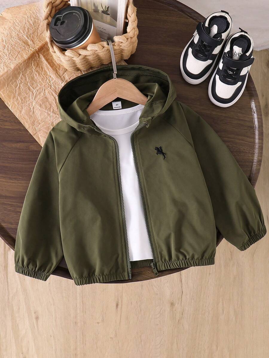 SHEIN Genkimix Kids 1件男童休闲简约街头风连帽长袖外套,时尚休闲设计,适合夏季穿着,适合4-7岁男孩日常、运动、户外活动、返校穿着。 - 軍綠色 - 查看 1