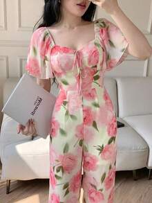 Celisse Bộ jumpsuit cổ vuông in họa tiết hoa hồng Pháp, tay áo ngắn bằng vải chiffon, quần ống rộng cạp chun, kiểu dáng nhẹ nhàng, tôn dáng cho kỳ nghỉ hè ở bãi biển. - Hồng - Xem 5