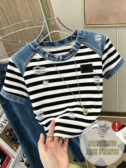 Franclia Áo thun nữ cổ tròn phối màu, áo thun hiệu ứng denim, áo thun kẻ sọc, áo thun thoải mái mặc ngoài trời, áo thun phù hợp mọi mùa.