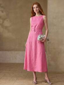 MOTF PREMIUM VESTIDO DE LINO CON CINTURÓN - Rosa Fucsia - Ver 4
