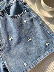 Comfortcana Quần short denim nữ kiểu dáng thường ngày, thêu hoa, thích hợp cho mùa hè. - Rửa trung bình - Xem 4