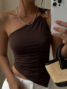DAZY Solid Color Asymmetrical Shoulder Backless Fitted Elegant Sexy Summer Tank Top Vest For Women - Brown - View 3