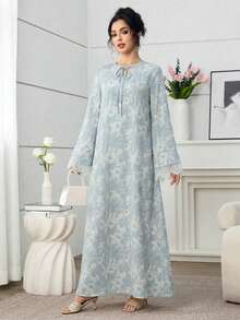 Al Najma Elegant Long Sleeve Lace Arabic Style Dress For Women - Blue - View 5