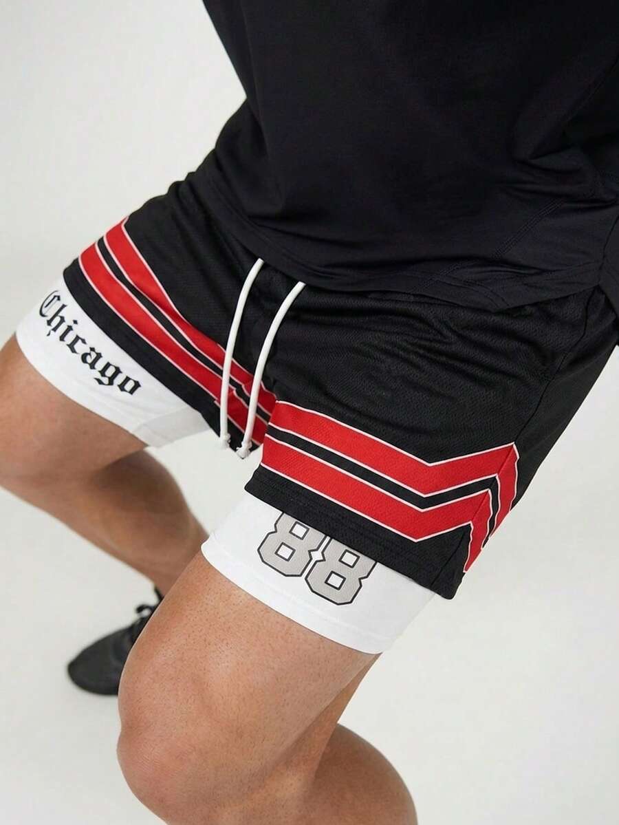 SHEIN 青少年男孩 2 合 1 運動短褲,字母數字印花雙層黑白舒適柔軟健身街頭風返校夏季出遊 - 黑與白 - 查看 1