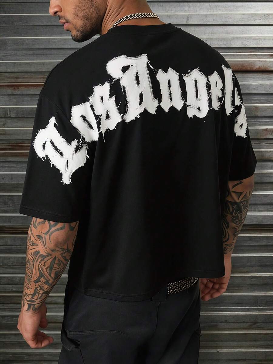 AXEPEAK Camiseta casual holgada y cómoda para hombre, estampada y versátil para vacaciones - Negro - Ver 1