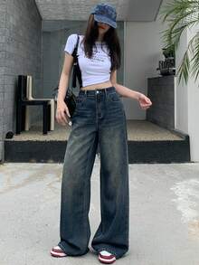 DAZY 女士休闲洗水直筒牛仔裤 - 深色水洗藍 - 查看 2