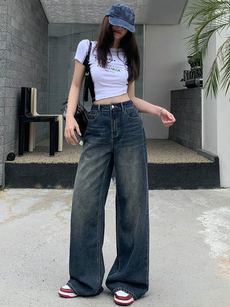 Women Casual Washed Straight Leg Denim Jeans