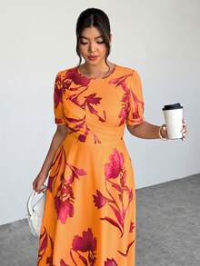 Firerie Spring & Summer Green Tie-Dye Tie Dye Pattern Elegant Maxi Dress With Puff Sleeves, Suitable For Graduation, Renaissance Fair - Orange - View 4