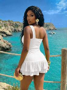 Slaydiva Women White Summer Casual Jumpsuit,One-Shoulder Knotted Textured Multi-Layer Ruffle Slim Fit Romper,Holiday,Vacation,Resort Fashion Beach Boho Outfits - White - View 2