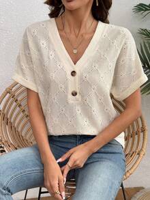 Balvessa Camiseta feminina casual com decote em V, manga curta e botões. - Damasco - Ver 6