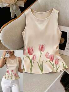 Franclia Camiseta de tirantes de mujer con cuello redondo y estampado floral elegante, para verano - Albaricoque - Ver 1