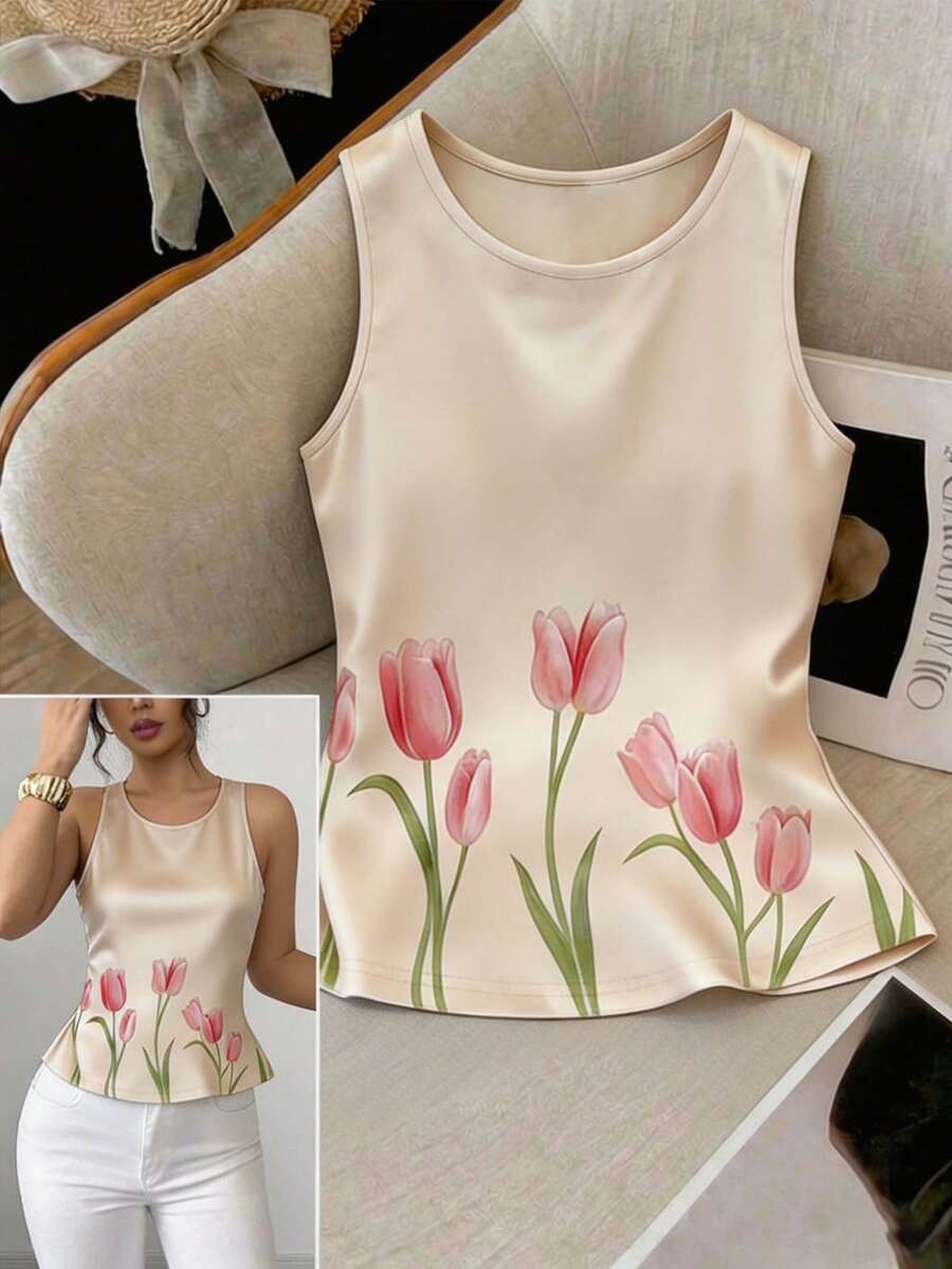 Franclia Camiseta de tirantes de mujer con cuello redondo y estampado floral elegante, para verano - Albaricoque - Ver 1