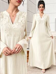 Al Najma Women's V-Neck Casual Party & Travel Arabic Style Dress - Apricot - View 2