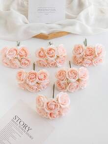 6Pcs Mini Artificial Roses Letter Shaped For DIY Wreath Candy Box Wedding Home Decor Bride Wrist Corsage Chest Flower Headpiece Materials Valentines New Year Birthday Party Cake Decorations - Baby Pink - View 2