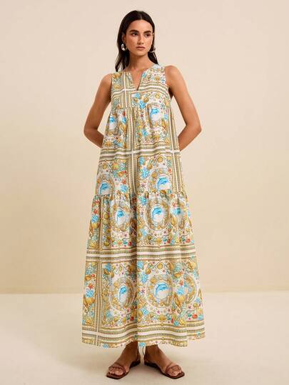 LOTSLUV Women's Yellow & Blue Seahorse, Ocean Element Print V-Neck Sleeveless Loose Long Dress, Suitable For Spring/Summer Vacation