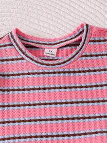 SHEIN Elladie kids 2件套女童条纹提花针织宽松背心短裤套装，适合休闲、度假、运动、夏季穿着 - 粉色 - 查看 5