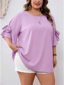 SHEIN CURVE+ Áo sơ mi nữ màu hồng cánh sen cổ tròn trang trí nơ, cỡ US22, phong cách Bohemia, thích hợp cho lễ hội âm nhạc, kỳ nghỉ bên bờ biển, mùa hè. - Màu tím hoa cà - Xem 3