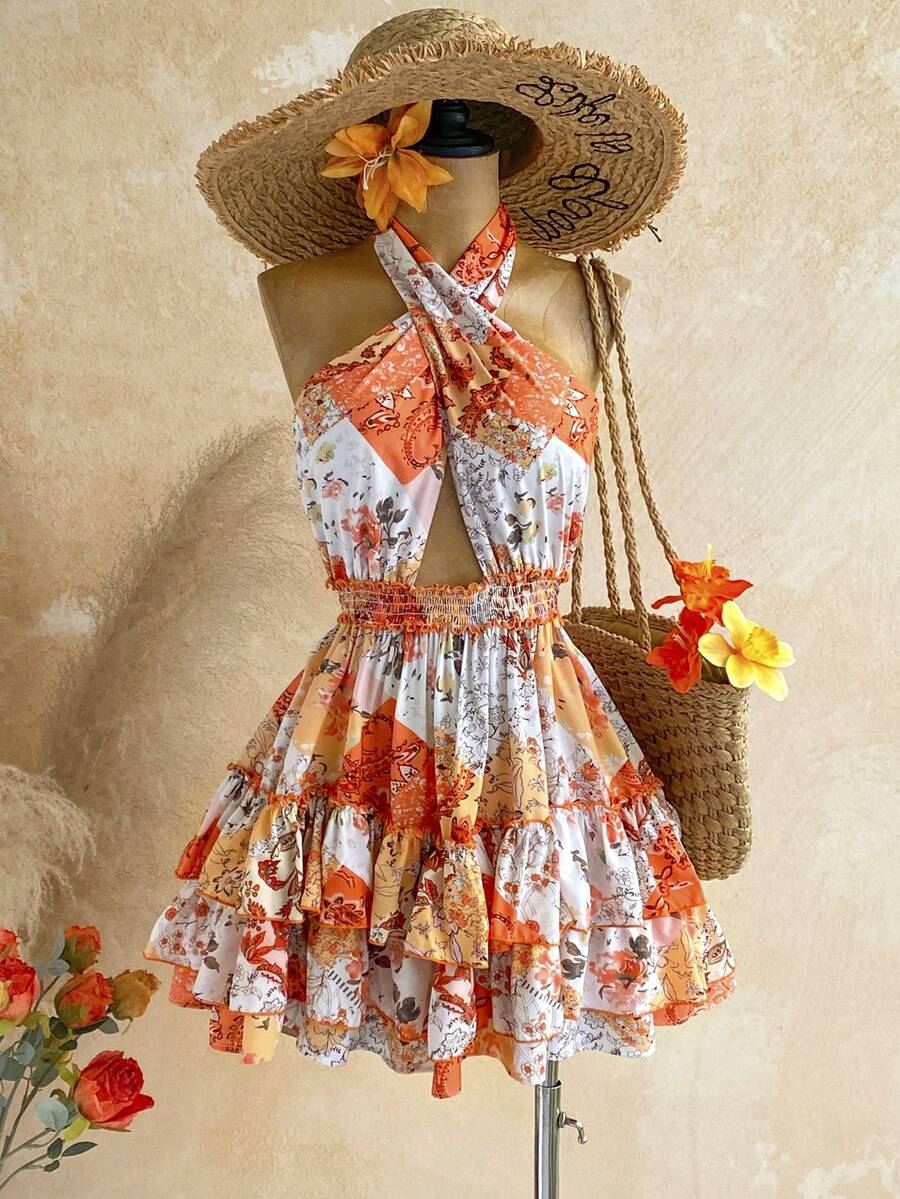 Soleia Vestido mini con estampado floral sin espalda y cuello halter para vacaciones casual de mujer - Multicolor - Ver 1
