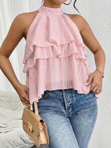 Firerie Loose Neck Ruffle Asymmetrical Chiffon Blouse,Summer Top - Baby Pink - View 6