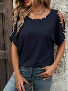 EMERY ROSE Women's Solid Color Off-Shoulder Casual Versatile Daily Wear T-Shirt - Royal Blue - View 4