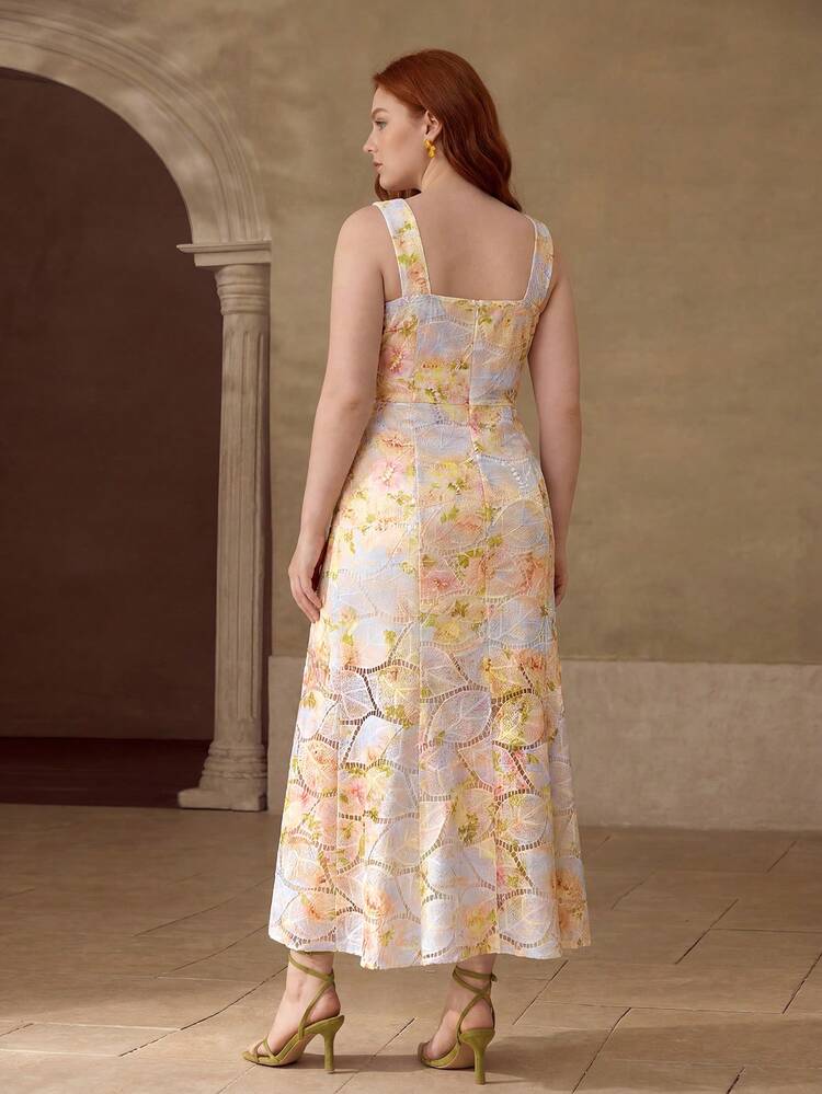PLUS SIZE WOMEN FLORAL PRINT SPAGHETTI STRAP MIDI DRESS, CASUAL & DATE WEAR, SPRING/SUMMER
