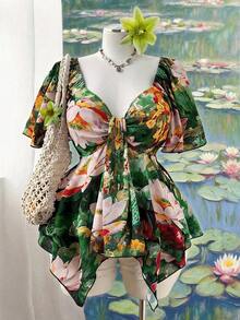 Flirla Plus Size Women's Summer Beach Vacation Lotus Flower Print Sweetheart Neck Flutter Sleeve Babydoll Top - Multicolor - View 3