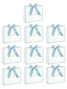 10 Horizontal Kraft Paper Gift Bags With Bow And Ribbon Handles, Suitable For Wedding Bridesmaids To Return Gifts, Unisex, Suitable For Birthdays, Weddings, Bridesmaid Party Returns, Retail Shopping (White And Blue) - multicolor - View 7