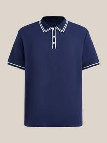 VeloEdit Contrast Color Raglan Short Sleeve Half-Placket Casual Summer Shirt,Plain, Men Old Money, Daily Leisure, Weekend Trips, Outdoor Activities, Travel Expeditions, Boyfriend/Husband Gift, Wedding, Spring To, Easter, Father's Day For Father - Navy Blue - View 3