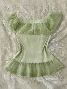 Flirla Plus Size Women Lace Patchwork Bow Decor Ruffle Hem Casual Slim Fit Blouse, Suitable For Dates And Outings - Green - View 2