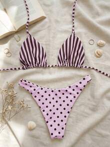 Swim Mod Bộ 2 món đồ bơi nữ thời trang dễ thương, thích hợp đi nghỉ mát, đi biển, dự tiệc, du thuyền, họa tiết chấm bi và sọc, kiểu cổ yếm hở lưng, có thể mặc hai mặt, áo tam giác buộc dây và quần bikini đáng yêu. - Nhiều màu - Xem 2