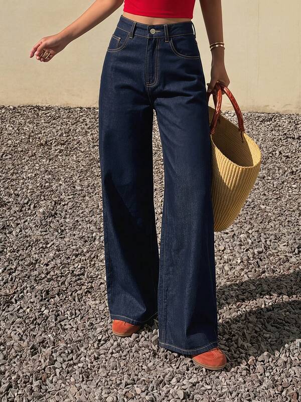 DAZY Jeans casuales de uso diario con bolsillos y botones para mujer