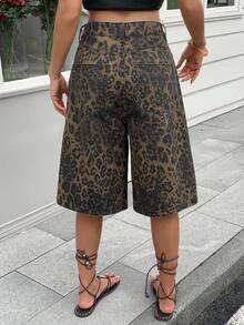 Dazy Tall Women's Leopard Print Cropped Jeans Casual Shorts Summer, Tall Women Everyday Brown - Brown - View 2