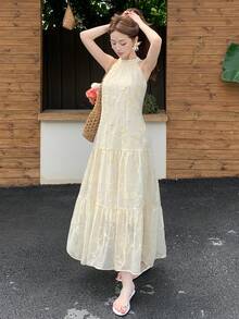 DAZY 白色蕾丝连衣裙，休闲波西米亚风，适合春夏穿着，可用于海滩、度假、工作、婚礼、派对、时尚活动等场合，直筒中长连衣裙，女士款 - 米色 - 查看 6