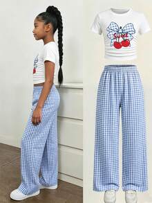 Bộ đồ thường ngày 2 món cho bé gái tuổi teen, áo croptop trắng in hình nơ anh đào và quần ống rộng kẻ caro xanh, chất liệu mềm mại, thoải mái cho bé gái 8-12 tuổi, thích hợp mặc hàng ngày, đi học, đi nghỉ mát, thư giãn, thoáng khí và nhẹ. - Nhiều màu - Xem 5