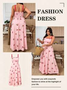 Weeklong Plus Size Women's Cherry Print Spaghetti Strap Dress, Casual Vacation Comfortable Outdoor Wear, Spring/Summer - Pink - View 3