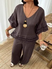 Weeklong 2pcs/Set Plus Size Women's Floral Trim Sleeve & Hem Round Neck Loose Top And Straight Leg Pants, Suitable For Vacation And Daily Wear, Spring/Summer - Brown - View 6