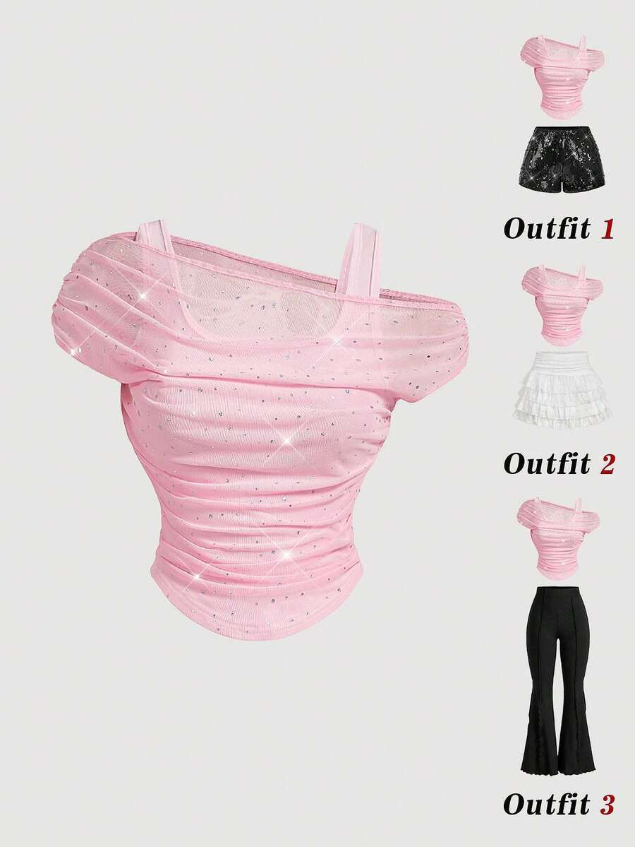 SHEIN MOD MOD Women's Rhinestone Asymmetric Ruched One Shoulder Top,Soft Pink,Summmer,Seductive,Night Out,Vintage Floral Twist Front Chic Crop Tank Top - Pink - View 1