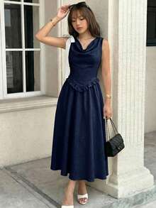 SHEIN Girlism 少女/青少年纯色梭织可拆卸蝴蝶结领无袖优雅连衣裙 - 藍白色 - 查看 4