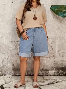 EMERY ROSE Mature Denim Quần short denim dáng rộng, thoải mái, cỡ lớn, thích hợp cho mùa hè. - Màu xanh lam - Xem 6